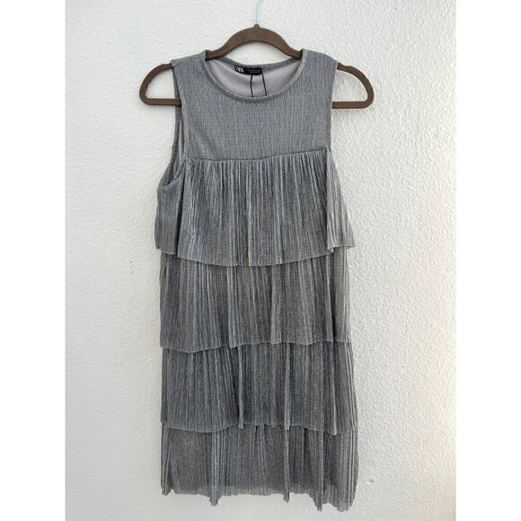 NWT Zara Tiered Knee Length Shift Dress Pullover Silver Gray Women's Size Medium - Picture 3 of 4